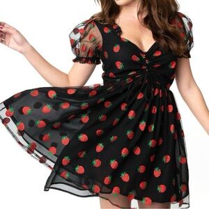 Smak Parlour Unique Vintage Medium Black Strawberry Glitter Puff Sleeve Dress